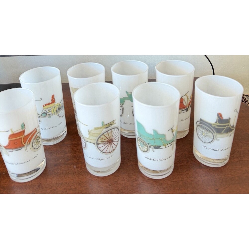 White Opaque Glass Antique Cars High Ball Glasses (8) MCM Vintage